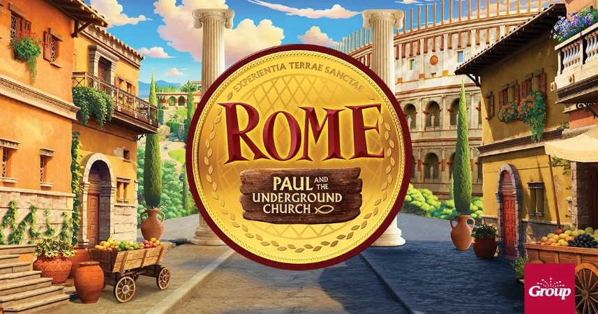 Promotional image for a game: a large gold seal reading 'ROME' with 'Paul and the Underground Church' on a sunlit Roman street backdrop.